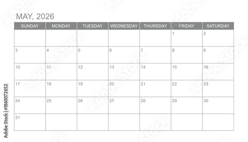 Classic monthly calendar for 2026. week starts on sunday. simple may 2026 calendar template. new monthly planner design