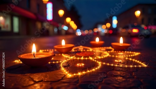 Festive Diwali Background with Traditional Diyas and Golden Sparkles