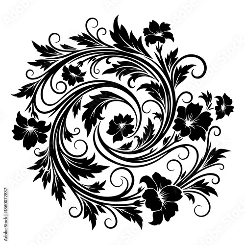 A black and white illustration of a floral pattern with swirling leaves and flowers
