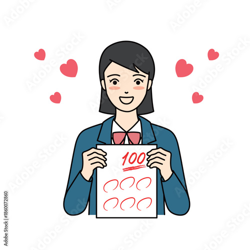 Happy schoolgirl in blazer with perfect test score and hearts