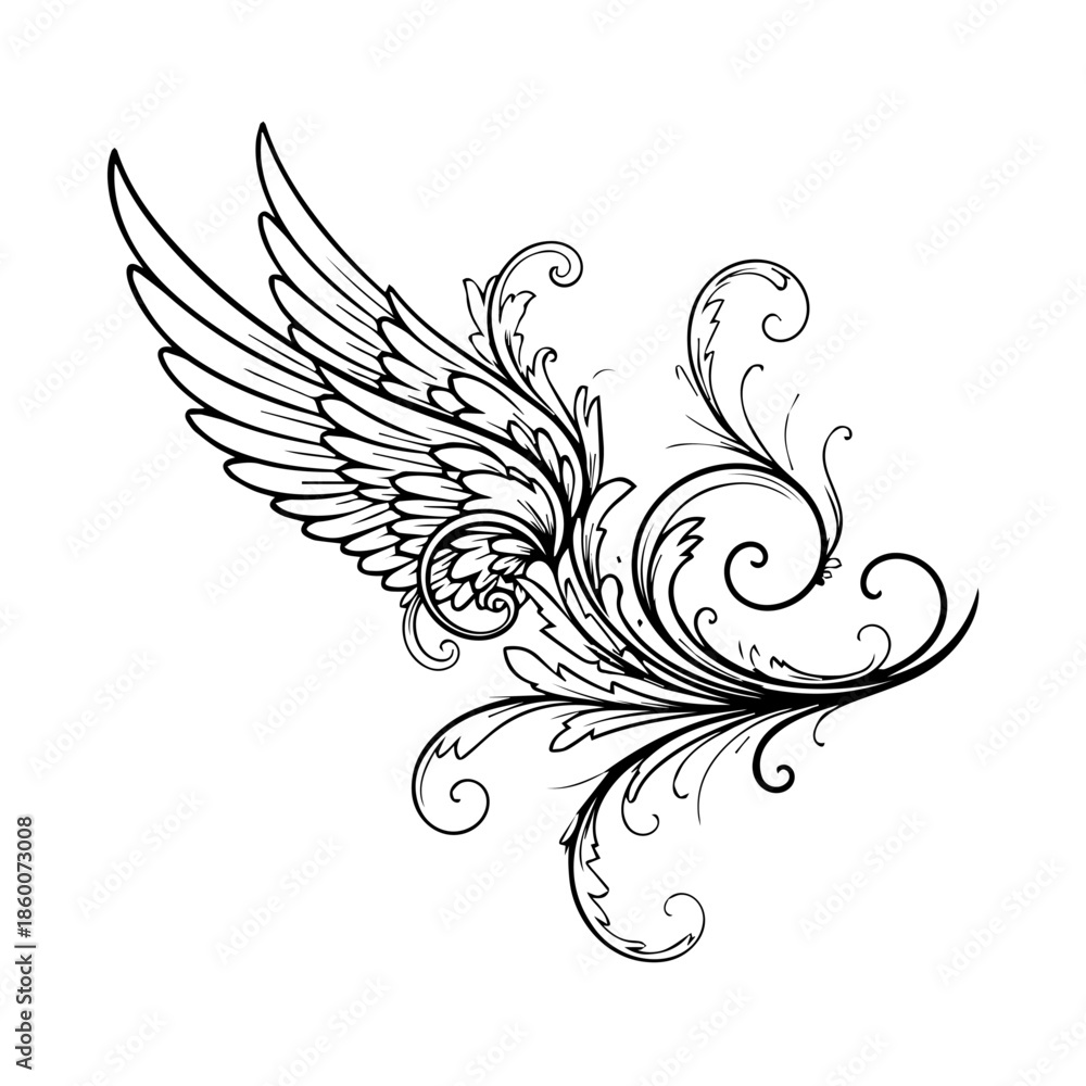 Fototapeta premium An intricate black and white illustration of a wing with swirling floral patterns, depicting freedom and beauty in a delicate design from a side viewpoint.