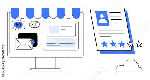 Desktop screen with ad tools, messages, and customer review profile highlight digital marketing, e-commerce, user engagement, brand reputation, advertising, customer feedback, simple flat metaphor