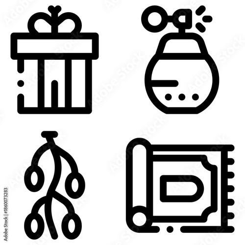 Gift Box, Perfume Bottle, Plant Motif, and Scroll Notebook Icons Set for Holiday and Home Decor Themes