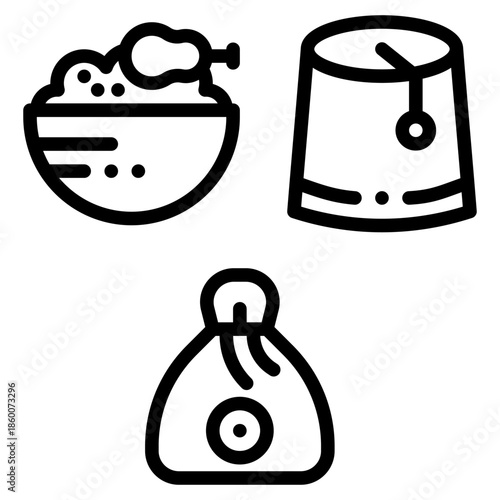 Set Of Kitchen Icons: Bowl With Foam, Salt Shaker And Sugar Bag In Simple Black Line Art