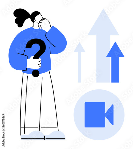 Career planning, decision-making, virtual guidance, personal growth, data analysis, online learning. A person holds a question mark arrows and video icon in the background. Career planning