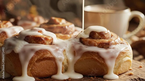 Close-up of freshly baked cinnamon rolls with generous white icing and steam, perfect for a cozy morning treat with coffee.