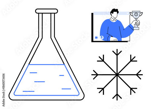 Laboratory flask with liquid, a virtual award ceremony with person holding trophy, and a snowflake icon. Ideal for science, innovation, achievements, online events, education, winter concepts