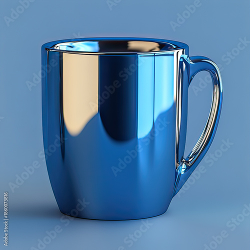 Luxury sapphire chrome metallic coffee cup with high gloss mirror finish on transparent background