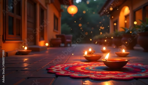 Indian Diwali Celebration Background with Diya Lamps and Mandala Art