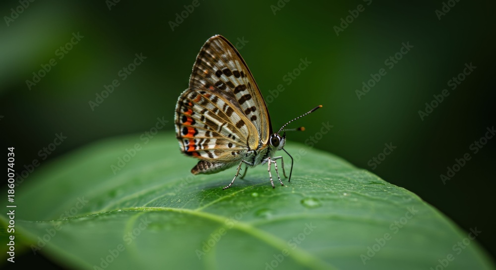 Fototapeta premium Butterfly on Leaf with Water Droplets.