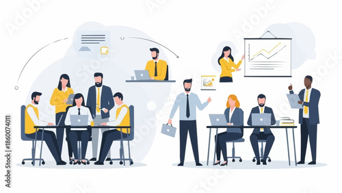 Diverse business team collaborating in modern office meeting rooms.