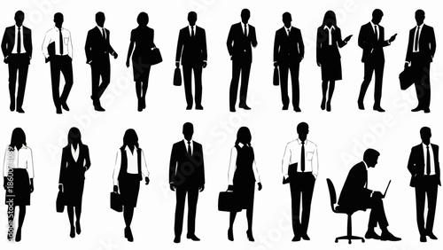 Diverse group of business professionals in silhouette standing and sitting poses.