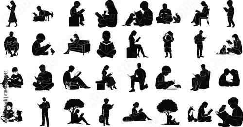 Collection of 30 black silhouettes of people in various poses and activities