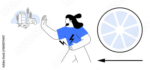 Food allergy concept. Food allergy showing a person avoiding dairy and experiencing pain. Food allergy awareness promoting health and dietary care. For healthcare, nutrition, wellness, education