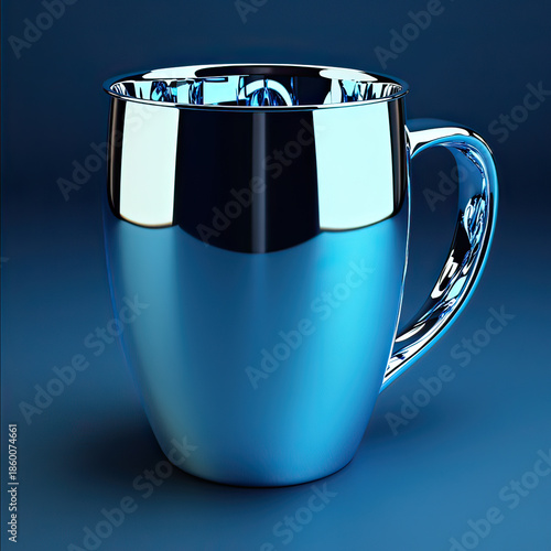 Luxury sapphire chrome metallic coffee cup with high gloss mirror finish on transparent background