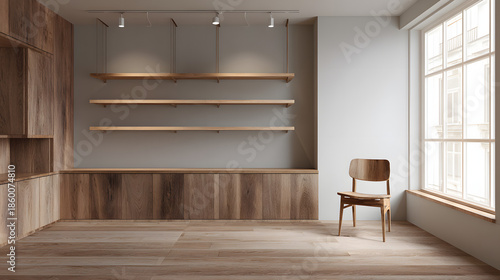An empty kitchen with cupboards and shelves for food. Illustration of a home interior design background.