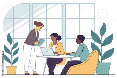 A professional team of businesspeople and colleagues working together in an office meeting room while smiling and talking during a productive communication session around a computer