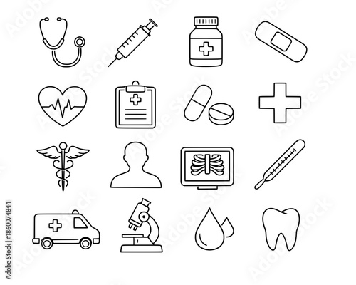 Medical icons collection displayed on a clean white background illustrating healthcare and medicine