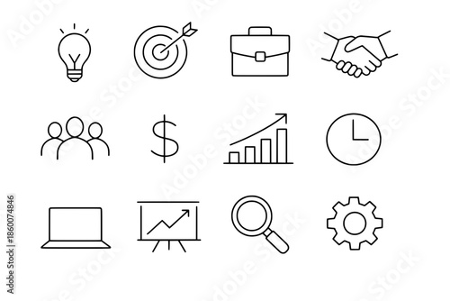A collection of business and productivity icons in a minimalist style displayed on a clean white background