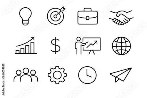 Collection of business icons representing various concepts and ideas in a simple line art style