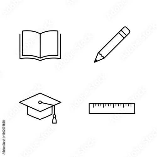 Education icons set in a simple line style on a white background featuring book, pencil, graduation cap, and ruler