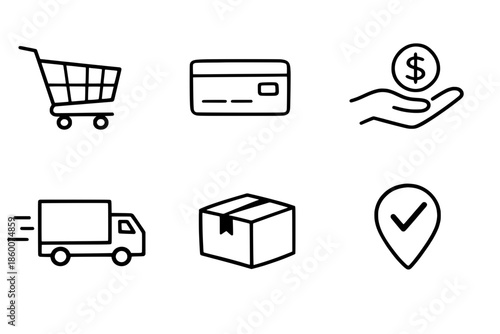 E-commerce transaction icons set against a clean white background, illustrating shopping and payment processes