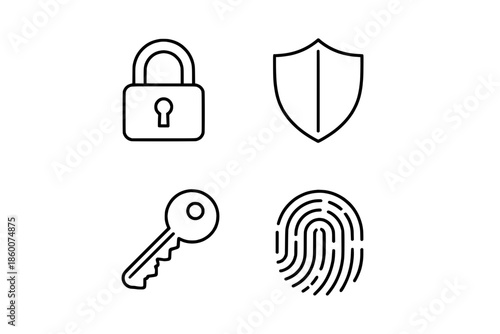 Security icons collection featuring padlock, shield, key, and fingerprint symbols on a clean white background