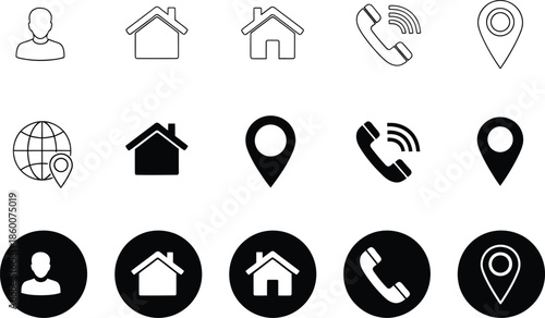 Group of Black and White Contact and Location Icons symbol