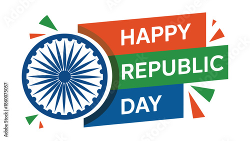 Happy republic day vibrant banner design with ashoka chakra and indian tricolor ribbon celebrating national pride and patriotic festival