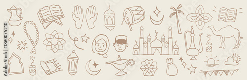 Islamic doodle icon set with Ramadan symbols, mosque, lanterns, prayer hands, crescent moon, Quran and traditional elements. Minimal warm line art for holidays, education and cultural design.