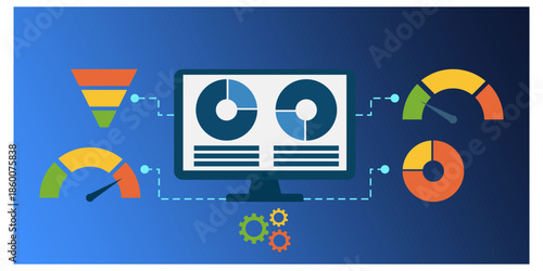 Professional flat vector illustration of a business intelligence dashboard displayed on a computer monitor. The design features various data visualization elements.