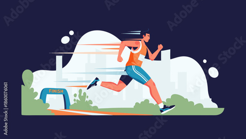 A determined male athlete sprints towards the finish line in a dynamic race illustration