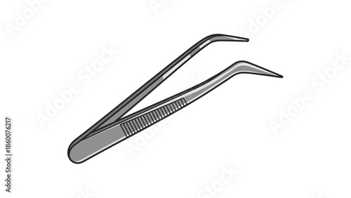 A detailed illustration of a pair of professional stainless steel tweezers with angled tips for precision electronics work.