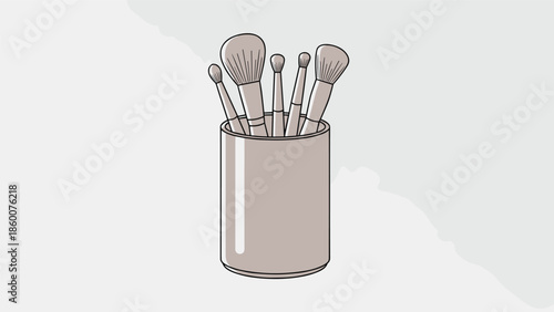 A simple line illustration of a collection of various makeup brushes stored upright in a cylindrical holder or cup.
