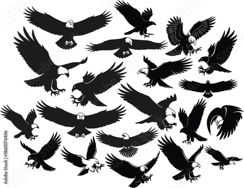 Collection of black eagle silhouettes in flight