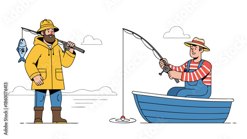 Two fishermen enjoy a day on the water, one with a catch and the other patiently waiting