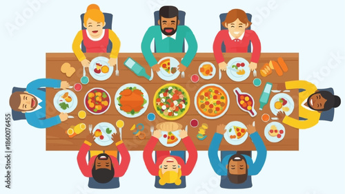 Diverse Group of People Enjoying a Festive Meal Together Around a Large Table.