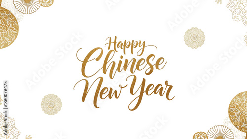 Golden calligraphy text 'Happy Chinese New Year 2026' on a white background with gold floral patterns and ornaments, conveying a festive mood.