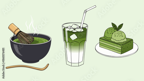 Traditional matcha tea preparation, refreshing iced latte, and a delightful matcha dessert set