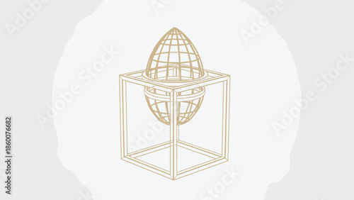 A conceptual wireframe illustration of a golden egg-shaped beauty sponge holder inside a modern cubic frame for drying.