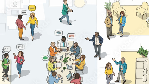 Diverse group of people collaborating and communicating in a modern office setting.