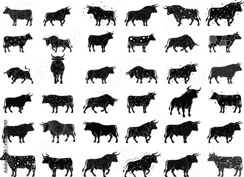 Collection of diverse cow silhouettes in various poses