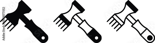 Meat tenderizer kitchen tool icon set with solid and outline design variations vector set
