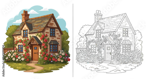 Cozy Cottage and Flower Path: Colorful Illustration and Coloring Page Version