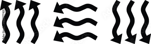 Dynamic representation of air, heat, or water current movement with wavy arrows vector set