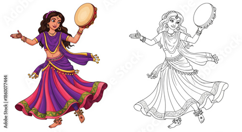 Dynamic Indian Dancer in Traditional Attire With Tambourine: Color and Sketch