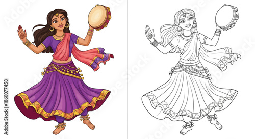 Graceful Indian Folk Dancer Color Illustration With Corresponding Line Art Version