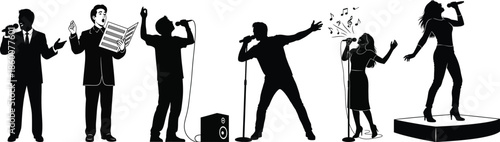 Silhouette of six musicians performing on stage with microphones