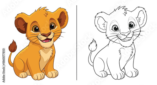 Cute Lion Cub Cartoon Coloring Page With Vibrant Colored Example