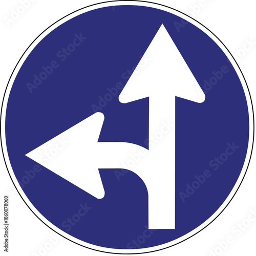 Blue circular mandatory direction sign, white arrow pointing straight ahead and turning left road symbol